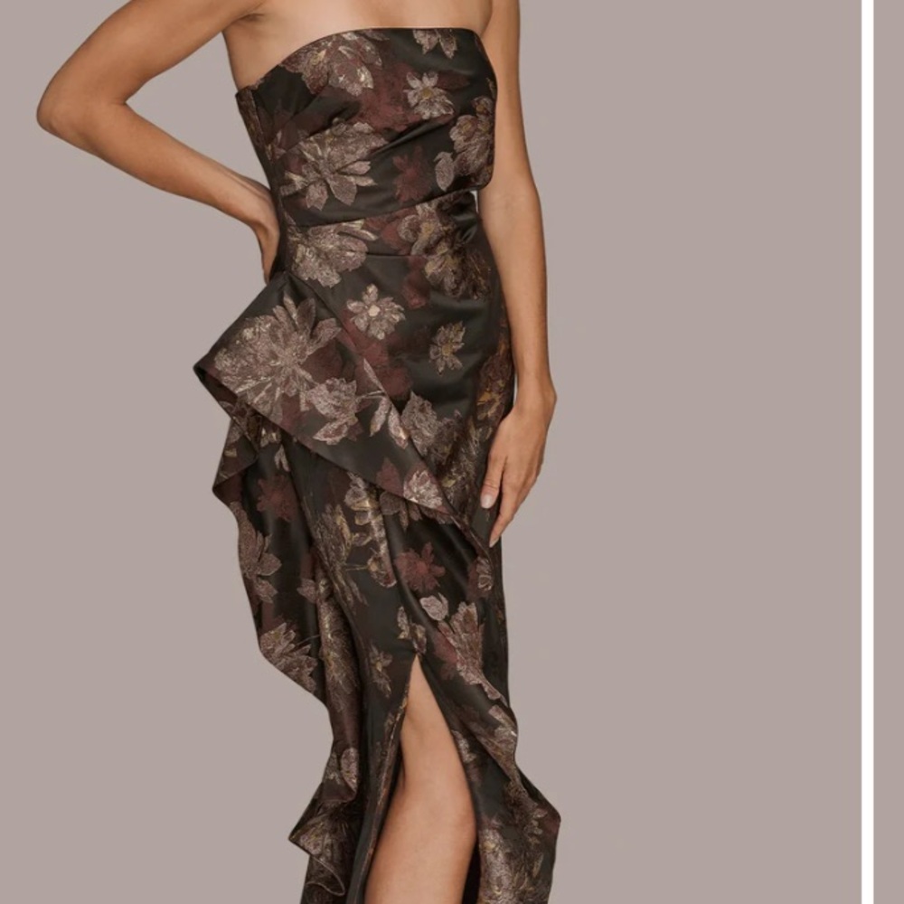 Donna Karan Strapless Floral Midi Dress in Dark Brown and Rose - Picture 4 of 9